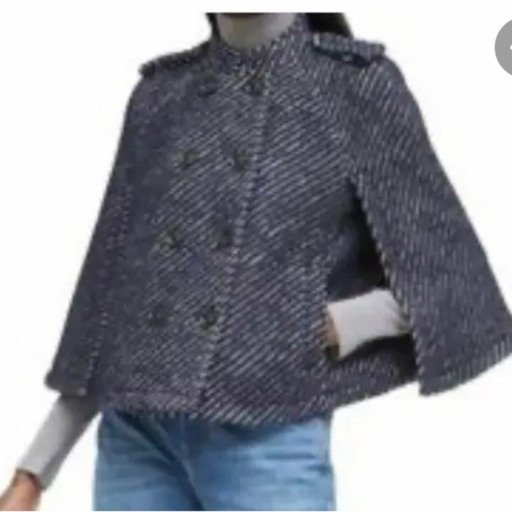 Banana Republic Dark Navy Blue & Ivory Tan Striped Tweed Cape Coat S